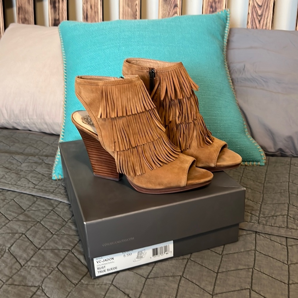 Vince Camuto - Jadon, Fringe Suede Bootie, Color Rust, Size 8.5